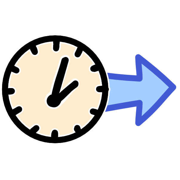 a clock with a blue arrow coming from it pointing right 